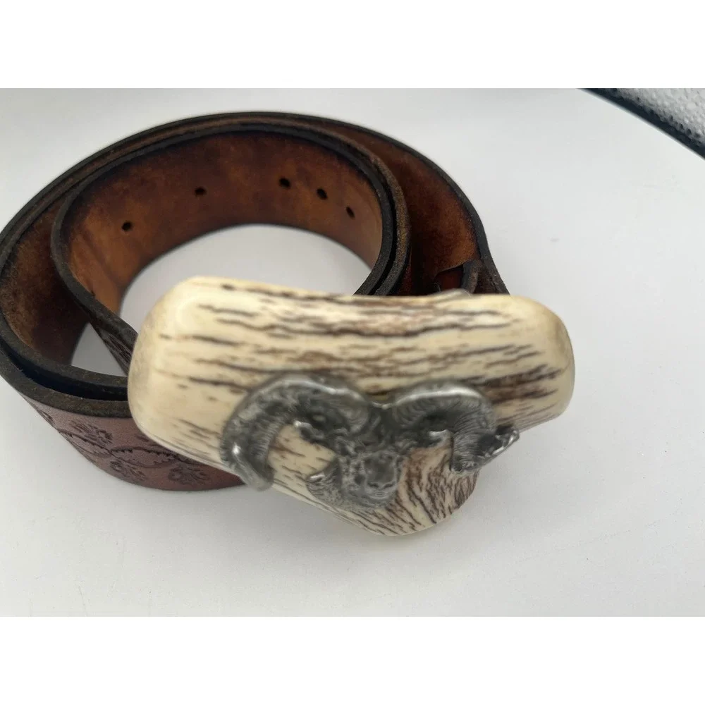 Vtg Antler Burr Belt Buckle 3D pewter Bighorn Ram Tooled Leather Belt Americana